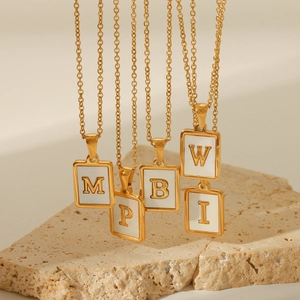 18K gold-plated stainless steel letter necklaces with white shell rectangle pendants