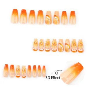 Orangefarbene Gradient-Nägel zum Aufkleben mit 3D-Wassertropfen und Zitrusdesign