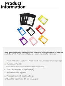 Detail of colorful aluminum foil jewelry bags with clear windows in eight vibrant colors