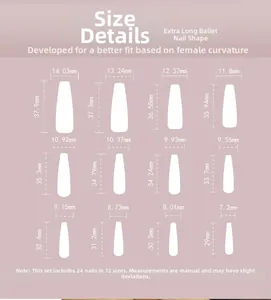 Size chart for extra long ballet press-on nails showing 12 sizes from 29mm to 37.9mm