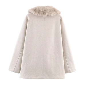 Back view of a casual beige short wool coat with a luxurious faux fur collar decoration