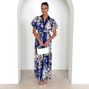 Elegant floral stand collar long sleeve blouse and high waist skirt set in blue and gold