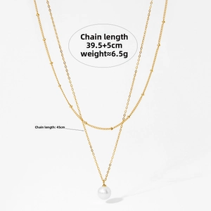 Double-layered gold necklace specifications showing 39.5-45cm chain length and 6.5g weight