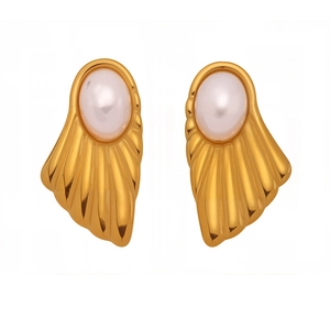 Elegant gold stainless steel fan-shaped earrings with white pearl inlay for women