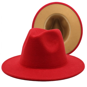 Cappello fedora bicolore in lana rosso e cammello con tesa piatta per uomo e donna