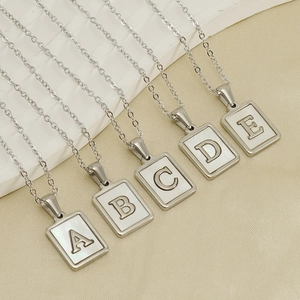 Square Pendant Necklace With Natural White Shell Initial Letter Stainless Steel Elegant Minimalist Jewelry For Women