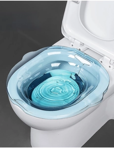 Close-up of translucent blue sitz bath for toilet use, ideal for herbal soaking and care