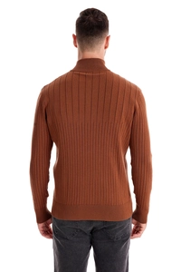 Back view of brown ribbed knit sweater for men with stand collar and long sleeves