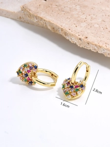 Golden heart hoop earrings with colorful zircon stones measuring 2.8cm by 1.6cm