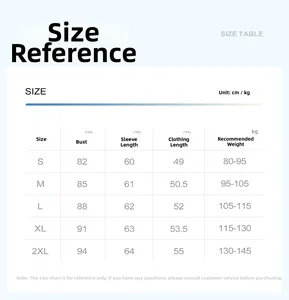 Detailed size guide table for women's reflective sports jacket with size S to 2XL
