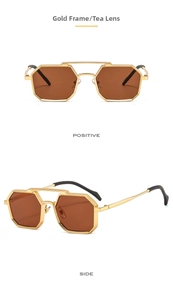 Detail view of gold metal polygonal sunglasses with tea lenses and double bridge design