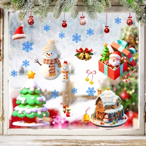 Detail of Christmas window clings set with snowman, Santa, and tree in 3D cartoon style