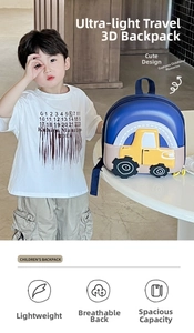 Detail view of lightweight blue toddler backpack with yellow car 3D hard shell and breathable back