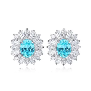 Lussuosi Orecchini a Bottone in Argento Sterling 925 con Gema Paraiba Blu Artificiale Eleganti Orecchini Floreali con Strass Donna
