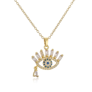 18K gold plated copper necklace with zircon teardrop eye pendant on white background