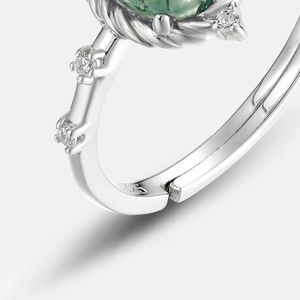 Natural green moss agate ring with S925 sterling silver adjustable band and stones