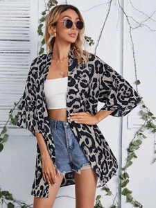 Leopard Print Chiffon Cardigan Long Sleeve Casual Loose Mid Length Beach Cover Up Blouse Outerwear For Women