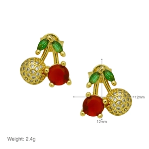 Detail of cherry stud earrings with red crystal and white zircon stones, 12mm size
