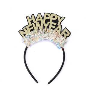 Golden glitter Happy New Year headband with colorful tinsel on black festive hair hoop