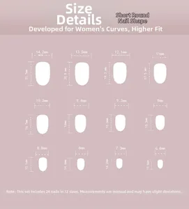 Size chart for 24pcs short round press-on nails showing 12 different widths and lengths