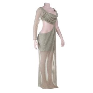 Detailed champagne gold mesh dress with waist cut-out and shimmering metallic fabric