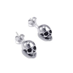 Retro punk style silver skull stud earrings with black eye sockets for men and women