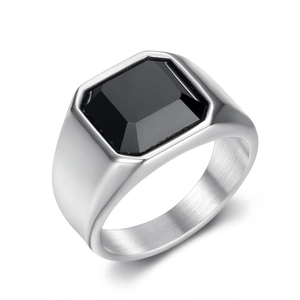 Polished stainless steel men's signet ring with a square-cut black stone inlay