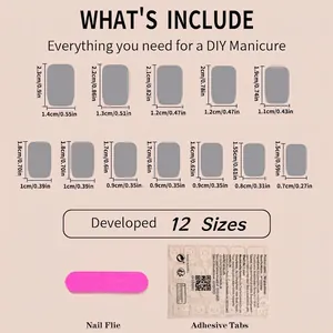 DIY press-on nail kit size chart with 12 matte grey nails, file, and adhesive tabs