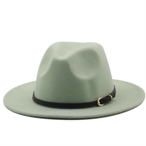 Classic light green wool felt jazz fedora hat with black leather band and gold buckle