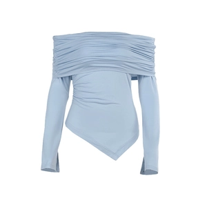 Off-the-shoulder light blue long sleeve top with ruching and asymmetrical hem