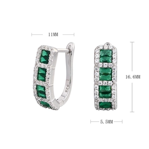 Detail view of 925 silver earrings with green zircon and 16.6mm height dimension