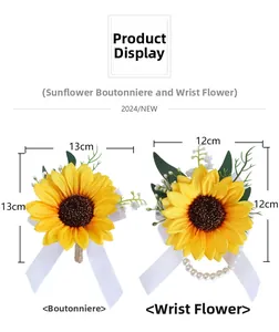 Detail view of sunflower boutonniere and corsage set with pearls and ribbons