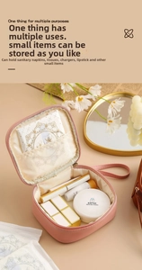 Pink PU leather square organizer with inner mesh pocket for makeup and sanitary pads