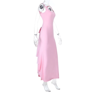 Detail of pink backless satin maxi dress with elegant bow tie feature and slim fit