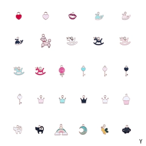 Detailed grid view of 30 DIY enamel charms including hearts, stars, and animal shapes