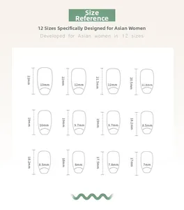 Size chart showing 12 different nail dimensions for ballet style press-on nails