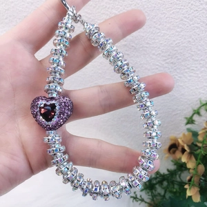 Luxury rhinestone heart phone charm with purple gemstone pendant and sparkling silver chain