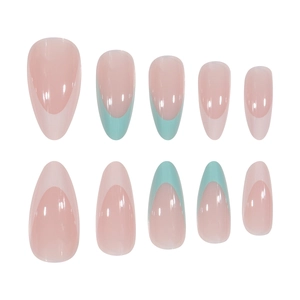 Mandelförmige Nude-Pink Press-on-Nägel mit mintgrünen French Tips, 10er Set glänzend