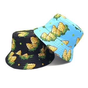 Black and blue cotton bucket hats with cute cartoon corn prints and sun protection