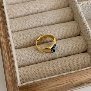 Close-up of S925 sterling silver gold plated ring with round Dalmatian Jasper stone