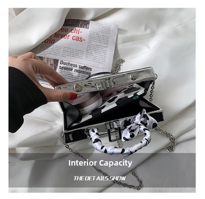 Detail view showing interior capacity of a silver mirror crossbody camera bag with ribbon