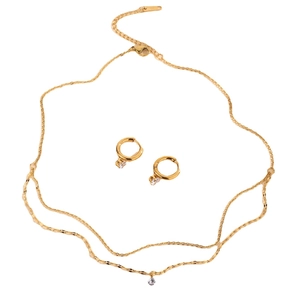 Elegant gold titanium jewelry set with double layer necklace and cubic zirconia earrings