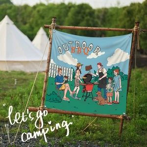 Détail de la bannière camping BBQ avec œillets métalliques renforcés pour suspension