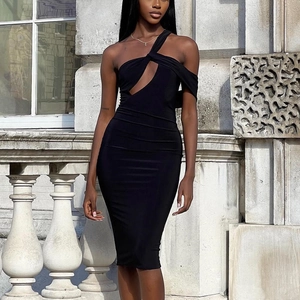 Women Sexy One Shoulder Cutout Bodycon Dress Sleeveless Solid Ruched Midi Cocktail Party Dress Polyester Spandex