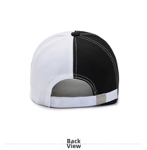Rear view of contrast baseball cap with adjustable white strap and metal buckle