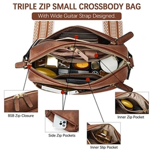 Detail of a brown leather crossbody bag with triple zippers and a colorful guitar strap