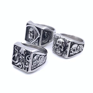 Gothic skull and reaper embossed stainless steel rings for men in vintage silver finish