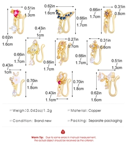 Detailed size guide for 9 unique copper non-piercing U-shaped nose cuffs with cubic zirconia