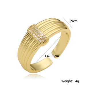 18K gold plated ribbed open ring with zircon paving for women, minimalist geometric design