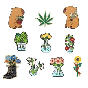 Cute Capybara And Science Lab Plants Enamel Brooch Cartoon Animal Sunflower Black Boots Metal Badge For Clothing Bags